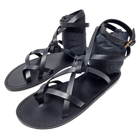 ❌️SOLD❌️ Saint Laurent 9 9.5 10 43 Santo Sandal Spartia Black Leather Strap - Picture 1 of 16